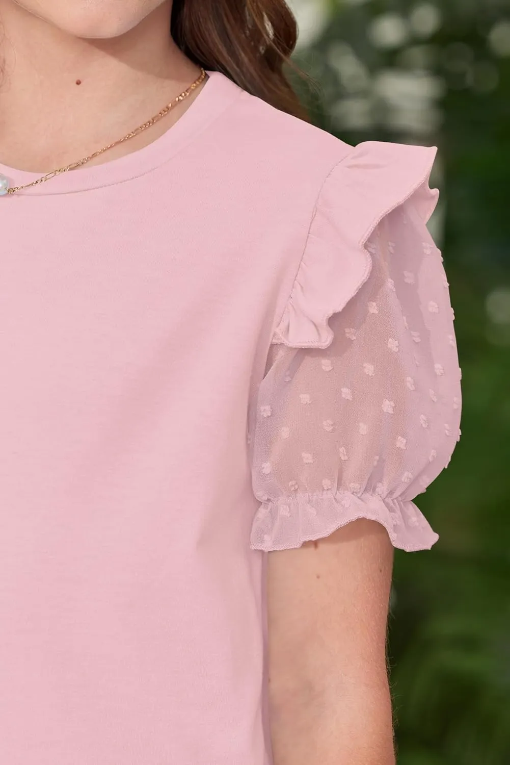 BesserBay Girls Summer Cute Swiss Dot Mesh Short Puff Sleeve T Shirts Layered Ruffle Flutter Crewneck Blouses 6-14 Years
