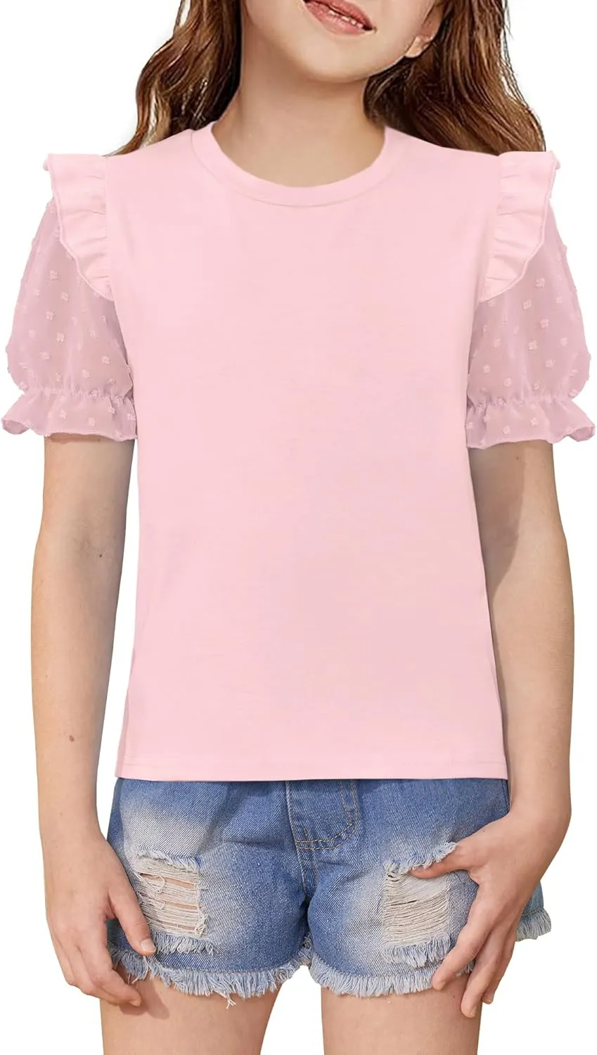 BesserBay Girls Summer Cute Swiss Dot Mesh Short Puff Sleeve T Shirts Layered Ruffle Flutter Crewneck Blouses 6-14 Years