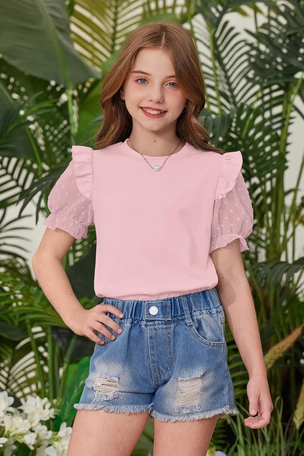 BesserBay Girls Summer Cute Swiss Dot Mesh Short Puff Sleeve T Shirts Layered Ruffle Flutter Crewneck Blouses 6-14 Years