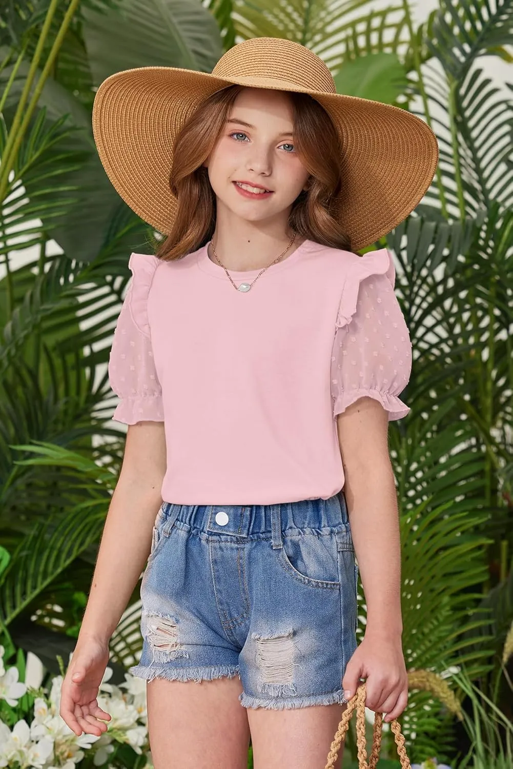 BesserBay Girls Summer Cute Swiss Dot Mesh Short Puff Sleeve T Shirts Layered Ruffle Flutter Crewneck Blouses 6-14 Years
