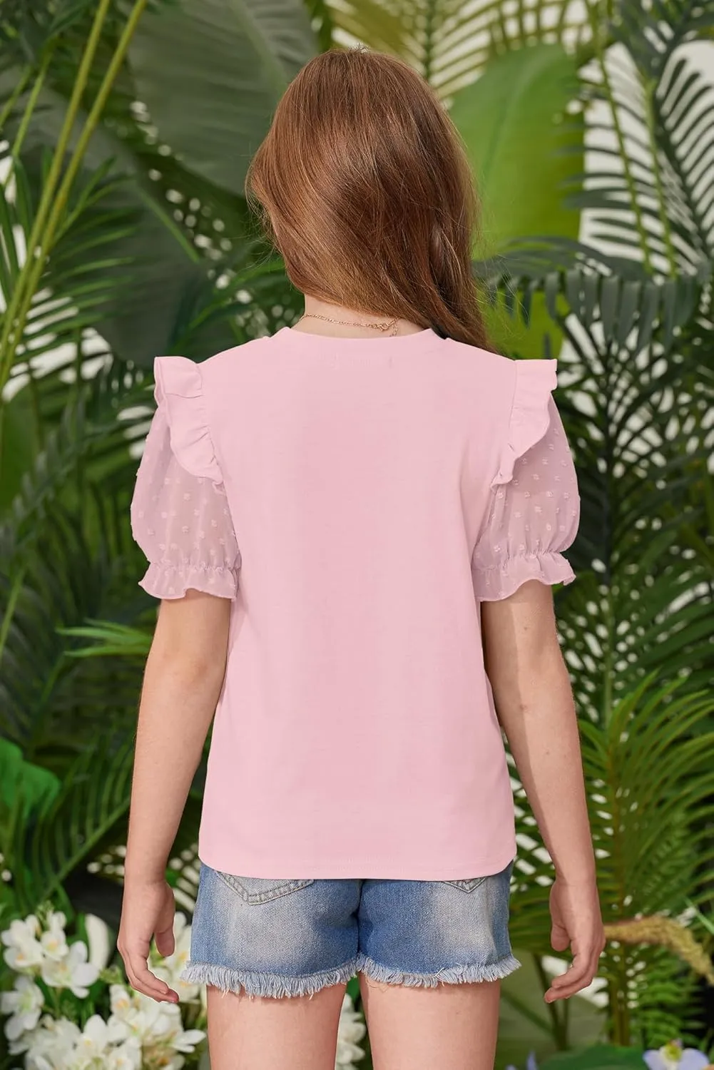 BesserBay Girls Summer Cute Swiss Dot Mesh Short Puff Sleeve T Shirts Layered Ruffle Flutter Crewneck Blouses 6-14 Years