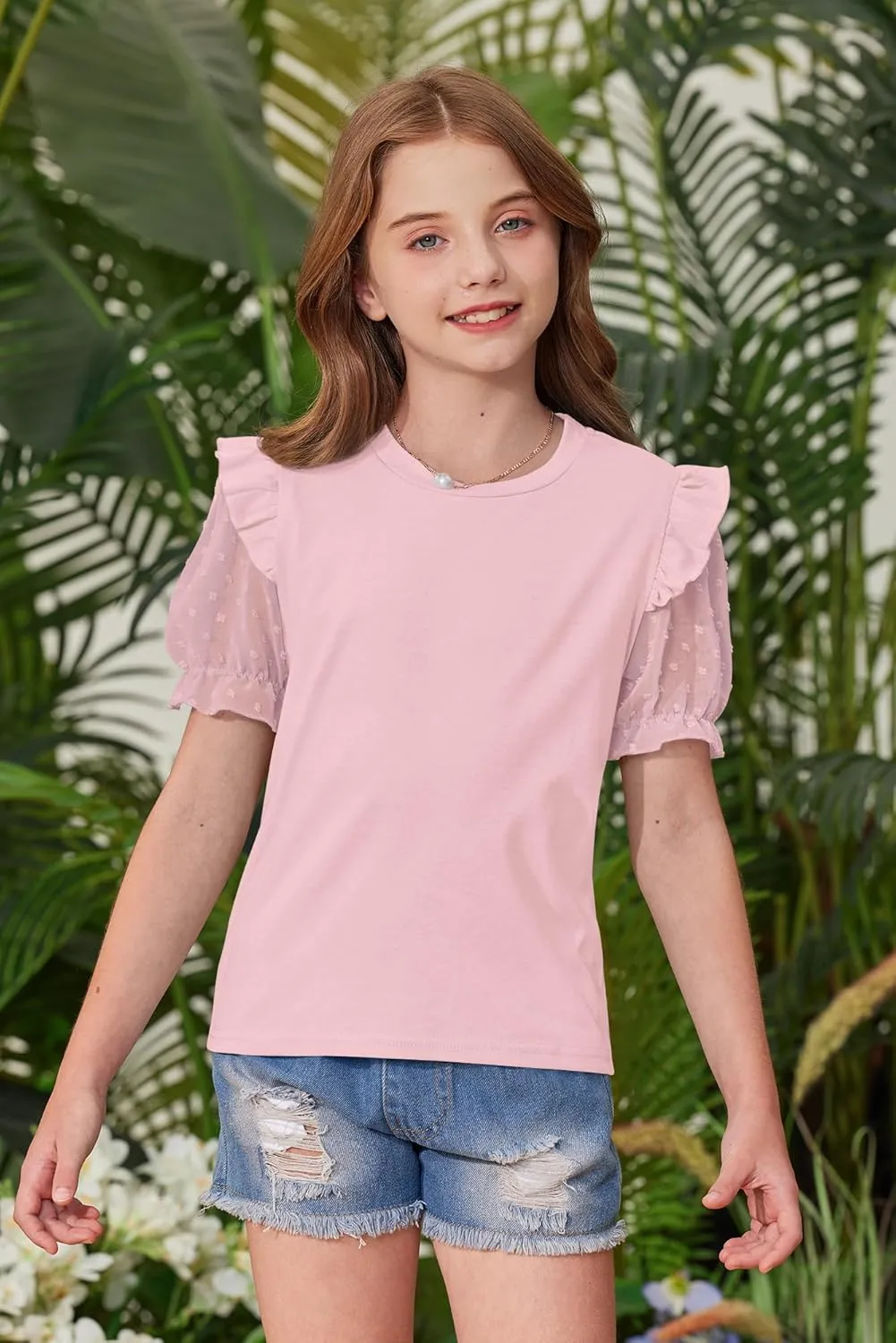 BesserBay Girls Summer Cute Swiss Dot Mesh Short Puff Sleeve T Shirts Layered Ruffle Flutter Crewneck Blouses 6-14 Years