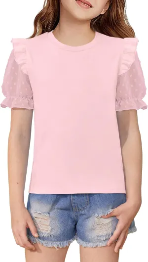 BesserBay Girls Summer Cute Swiss Dot Mesh Short Puff Sleeve T Shirts Layered Ruffle Flutter Crewneck Blouses 6-14 Years