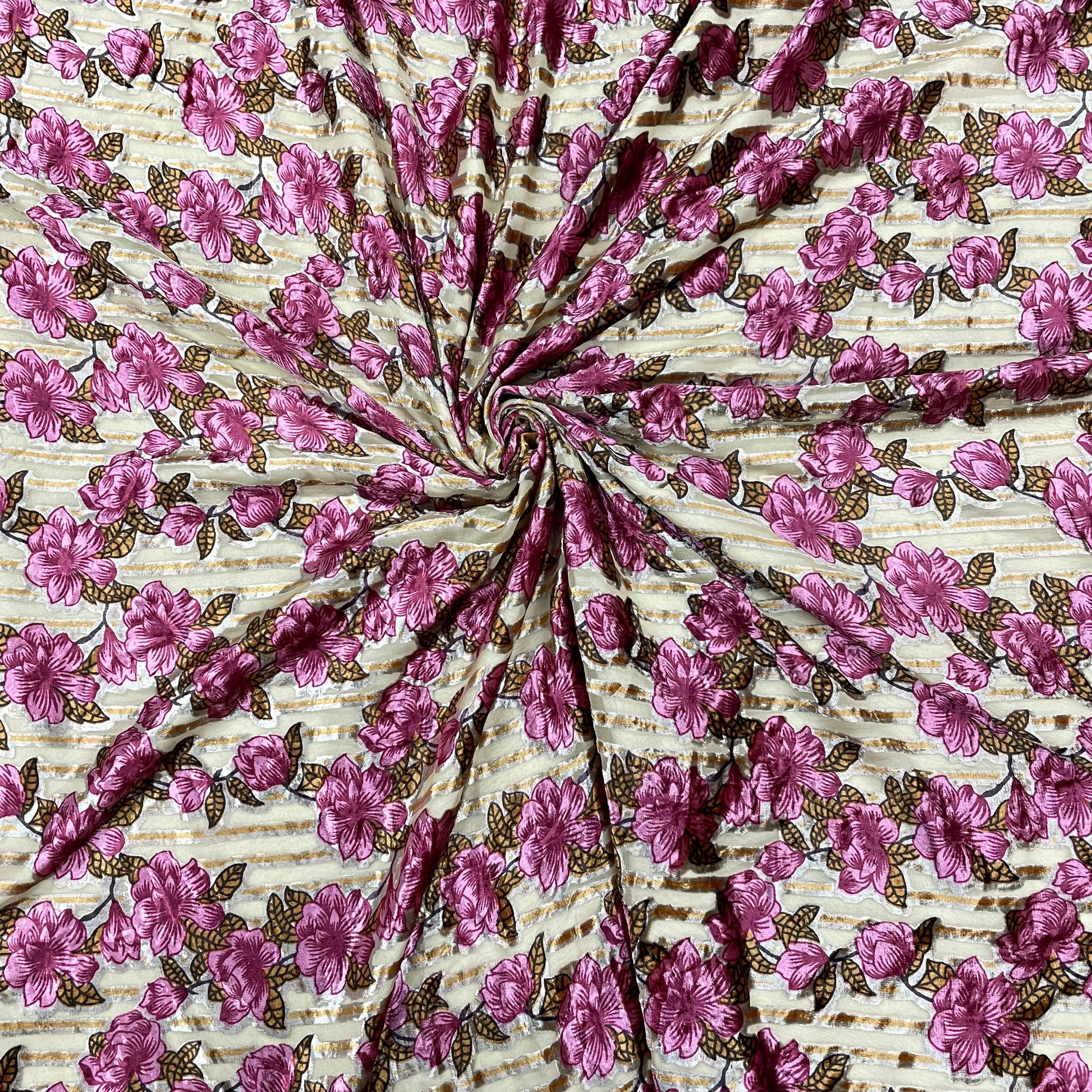 Brown Color Floral Print Brasso Velvet Fabric