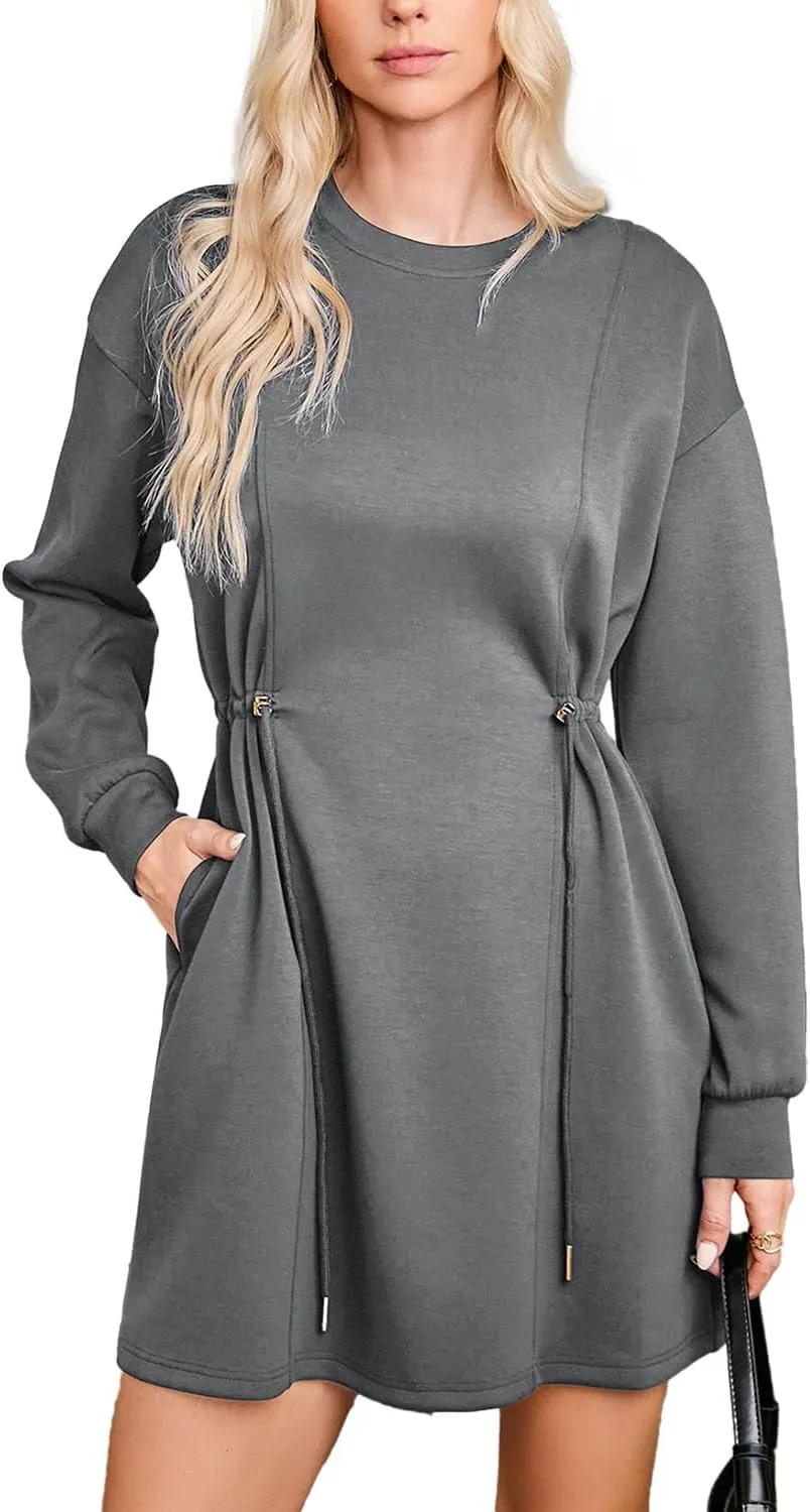 Dokotoo Women's Drawstrings Waistband Long Sleeves Crew Neck Sweatshirt Casual Mini Dress