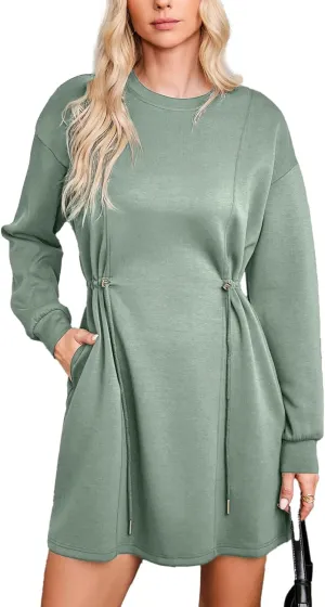 Dokotoo Women's Drawstrings Waistband Long Sleeves Crew Neck Sweatshirt Casual Mini Dress