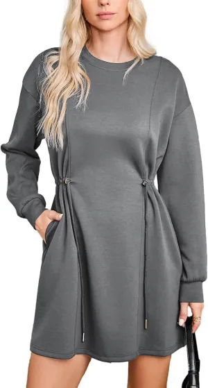 Dokotoo Women's Drawstrings Waistband Long Sleeves Crew Neck Sweatshirt Casual Mini Dress