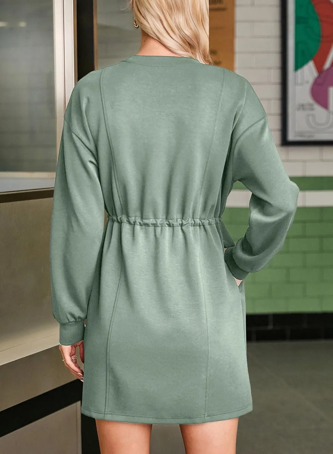 Dokotoo Women's Drawstrings Waistband Long Sleeves Crew Neck Sweatshirt Casual Mini Dress