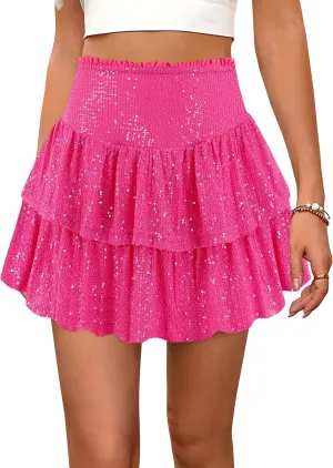 Erinaco Women Sparkly Sequin Mini Skirt High Waist Glitter Flared Pleated Night Out Party Short Skirts