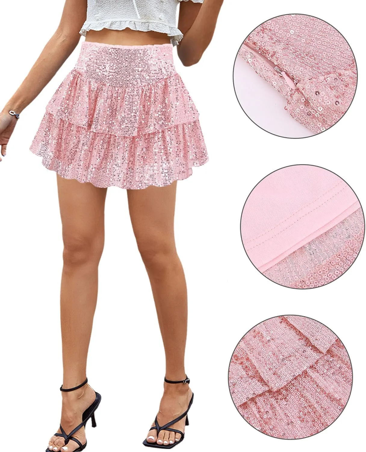 Erinaco Women Sparkly Sequin Mini Skirt High Waist Glitter Flared Pleated Night Out Party Short Skirts