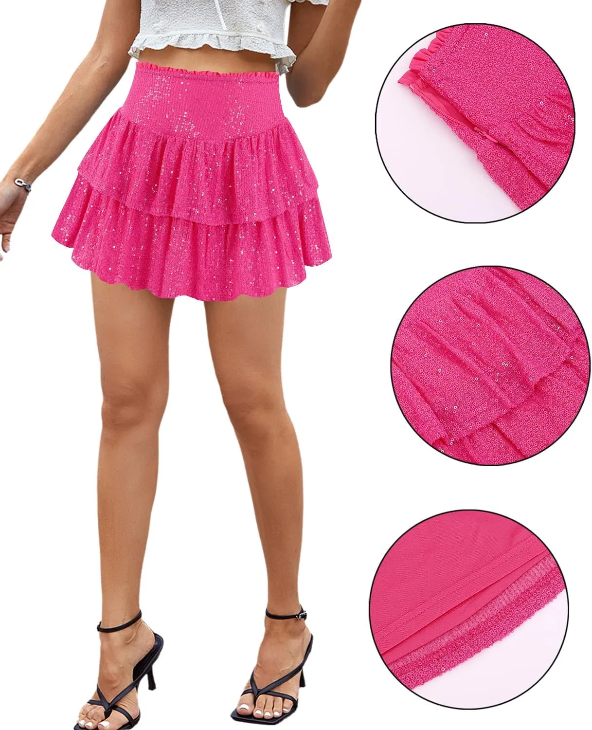 Erinaco Women Sparkly Sequin Mini Skirt High Waist Glitter Flared Pleated Night Out Party Short Skirts