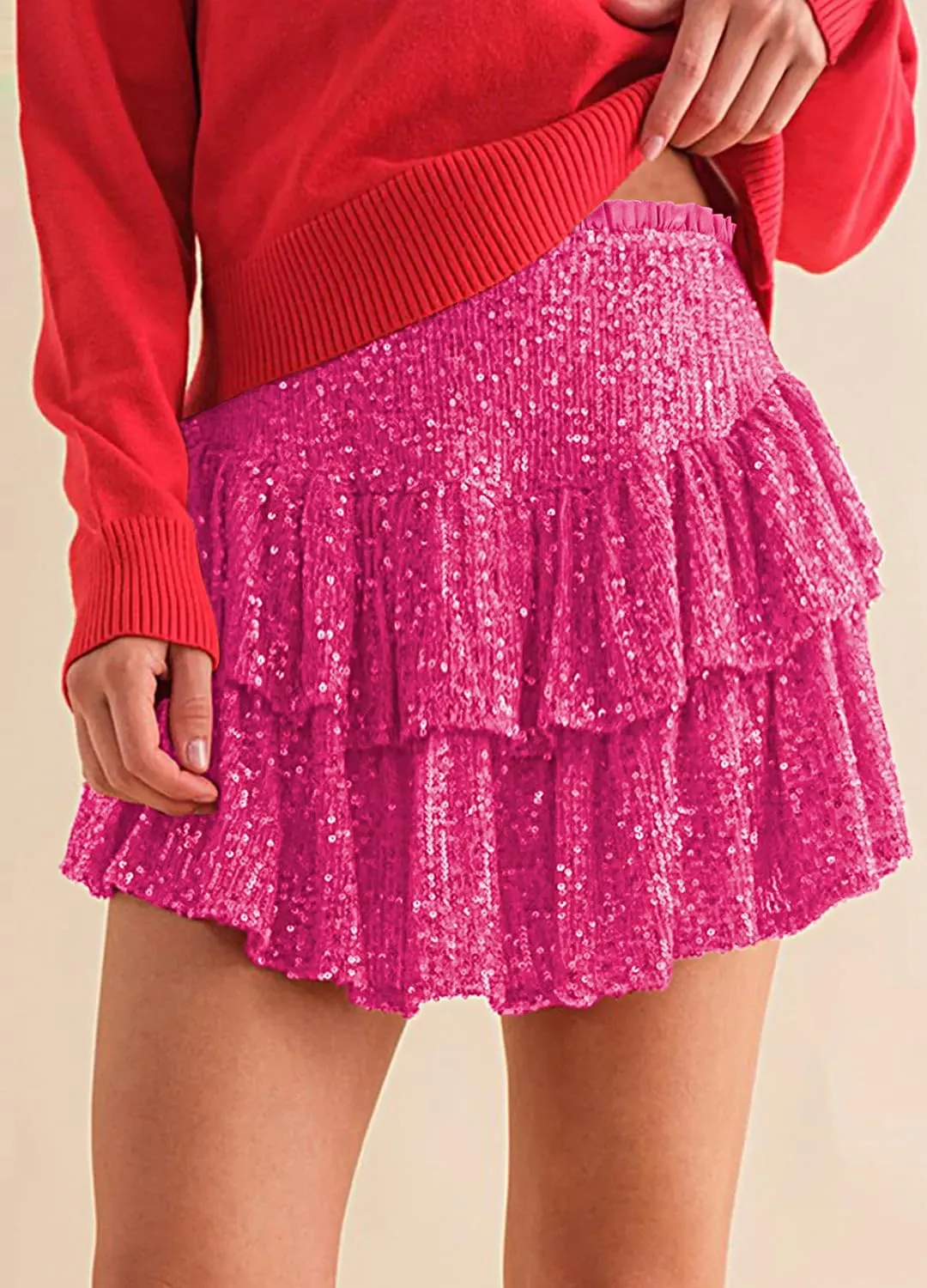 Erinaco Women Sparkly Sequin Mini Skirt High Waist Glitter Flared Pleated Night Out Party Short Skirts