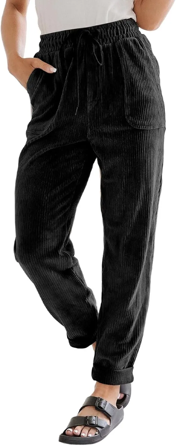 EVALESS Corduroy Pants for Women Casual Drawstring Elastic High Waist Straight Leg Pants Loose Comfy Trousers with Pockets