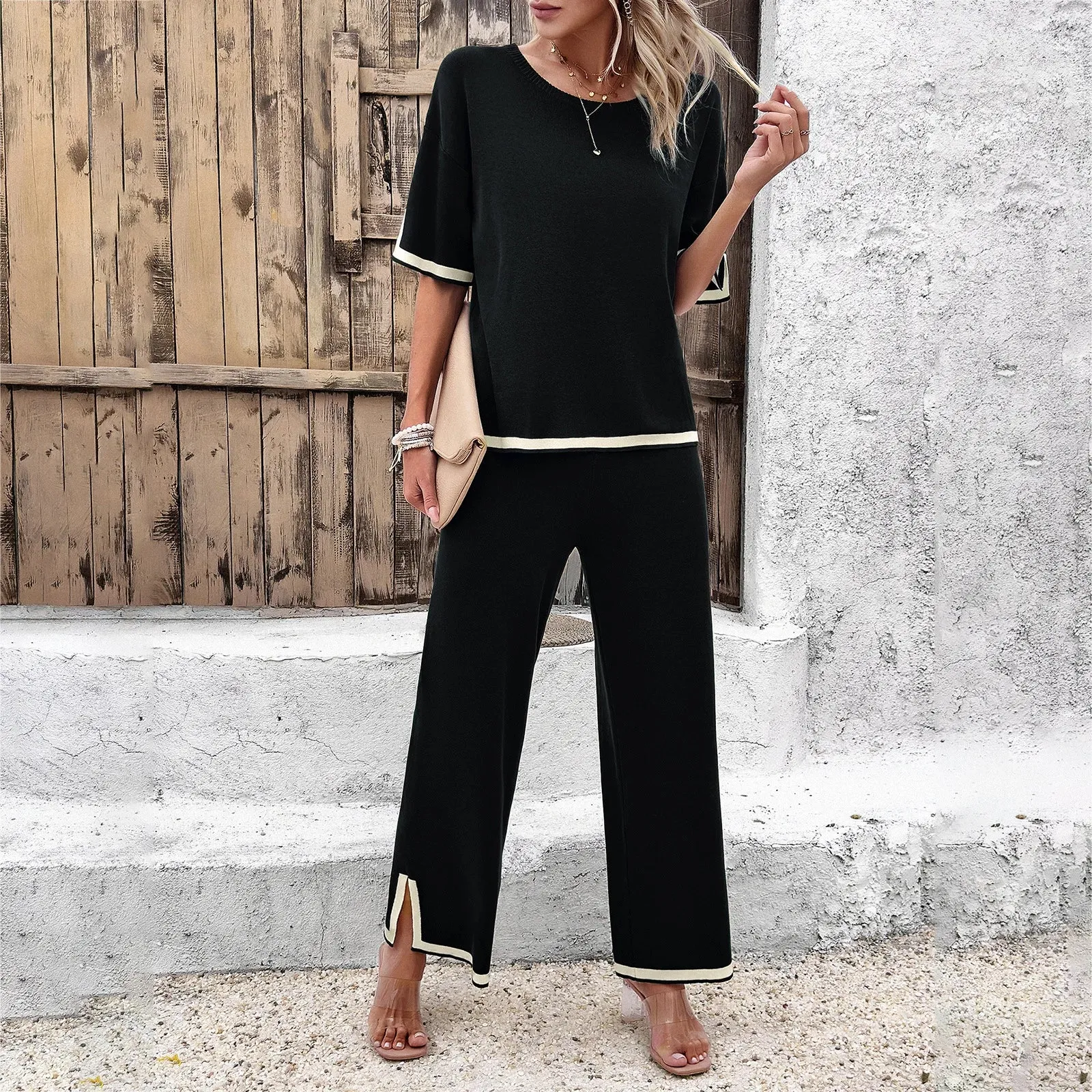 Fashion Women's Clothing 2024 Spring and Summer Casual Short-Sleeved Wide-Leg Pants Knitted Suit Костюм Женский
