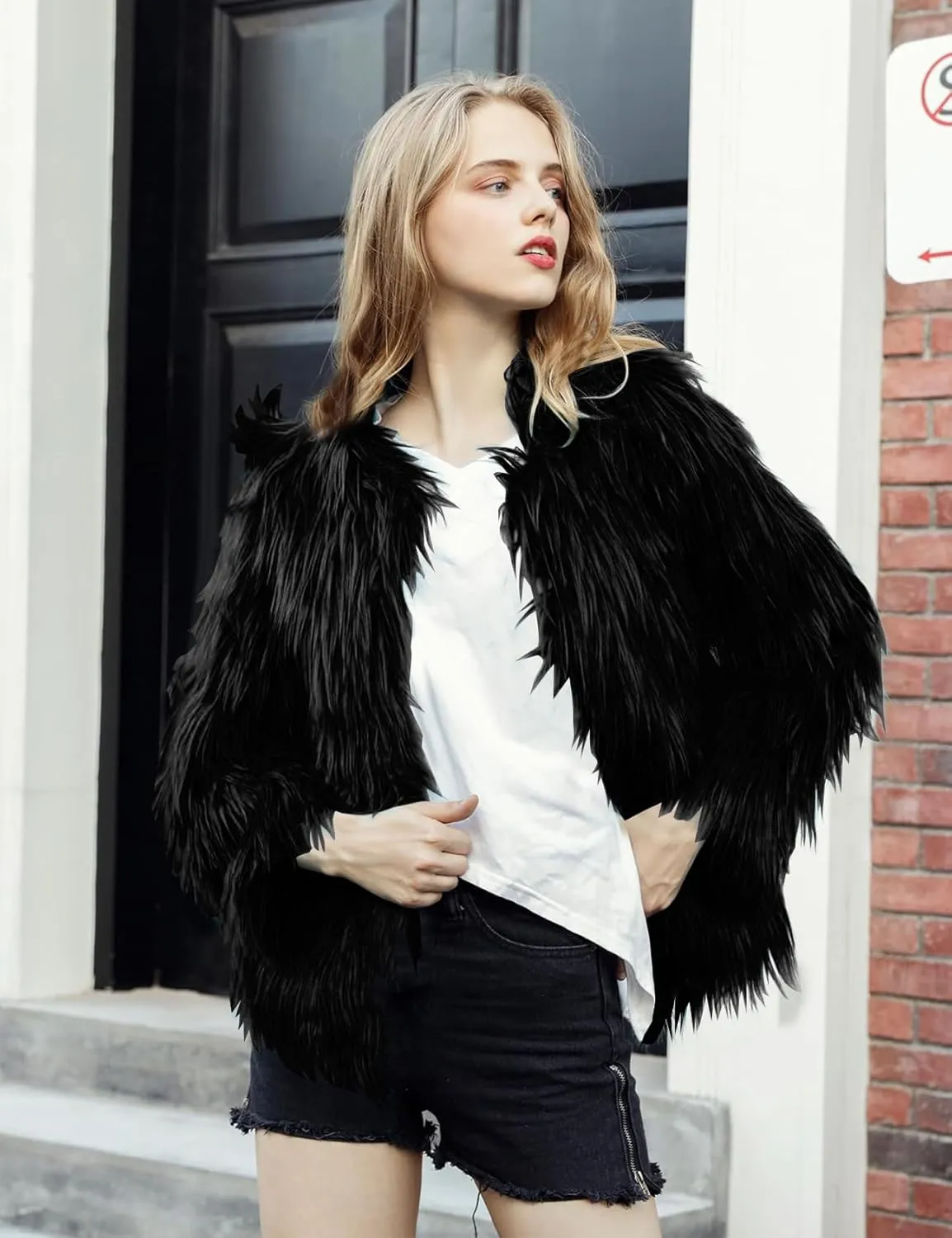 Flygo Faux Fur Coat Women Faux Fur Jacket Fluffy Open Front Cardigan Shaggy Short Coat Fall Winter Jacket