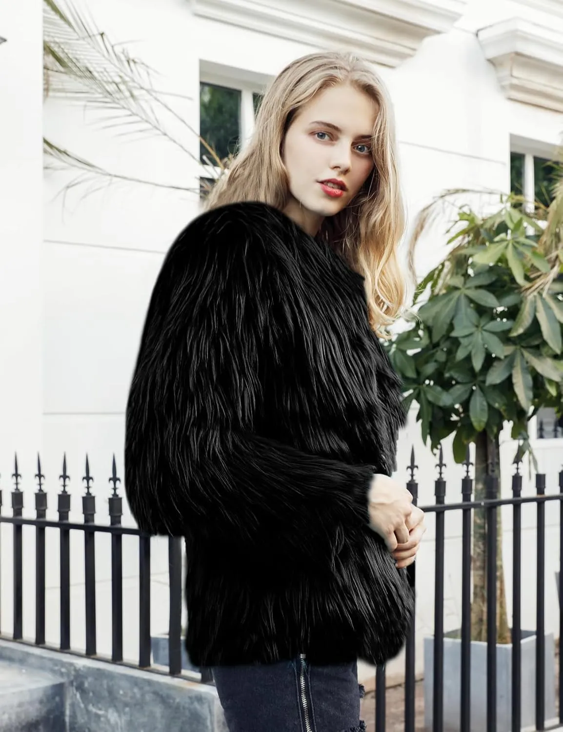 Flygo Faux Fur Coat Women Faux Fur Jacket Fluffy Open Front Cardigan Shaggy Short Coat Fall Winter Jacket