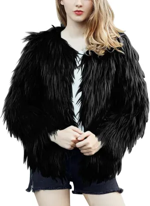 Flygo Faux Fur Coat Women Faux Fur Jacket Fluffy Open Front Cardigan Shaggy Short Coat Fall Winter Jacket