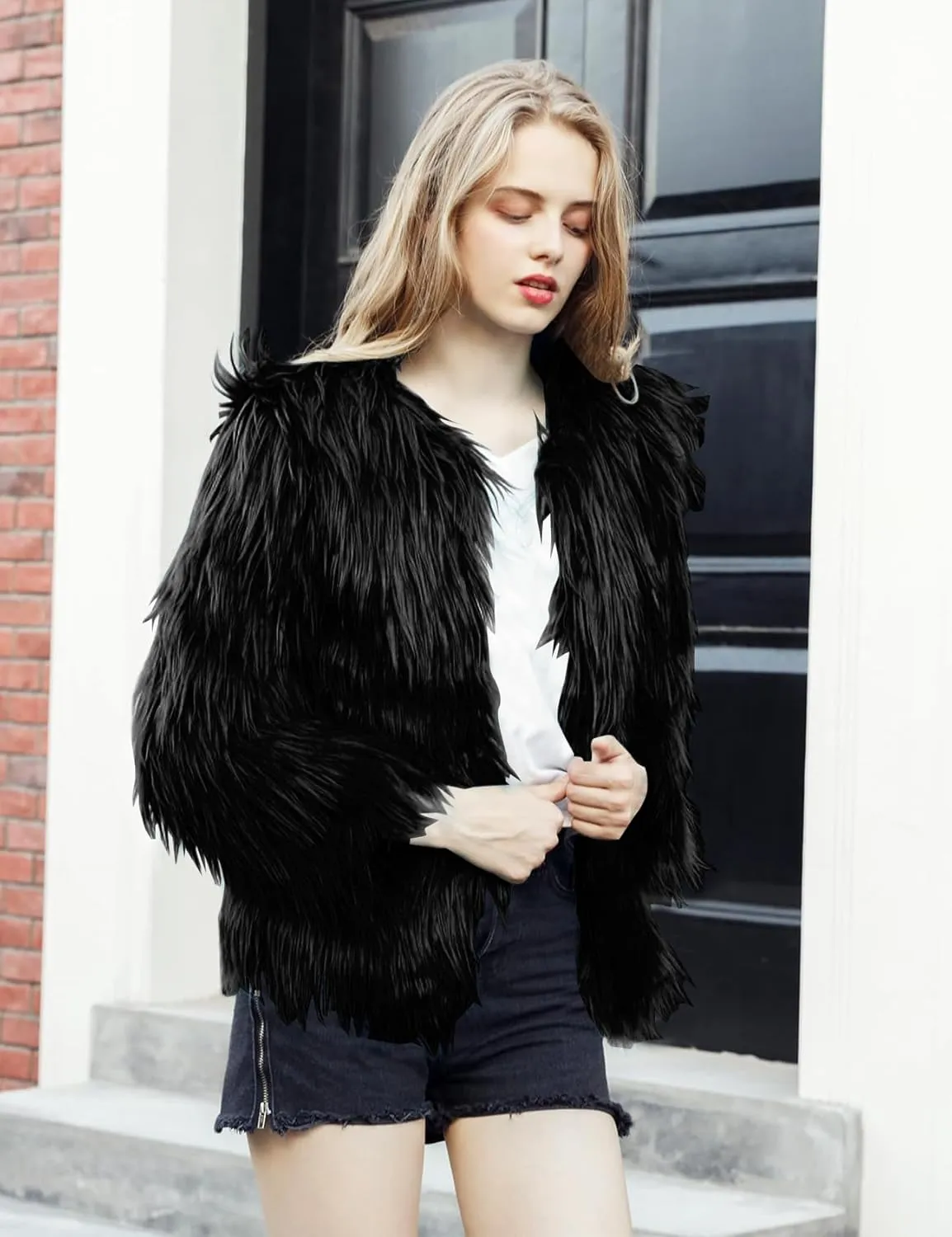 Flygo Faux Fur Coat Women Faux Fur Jacket Fluffy Open Front Cardigan Shaggy Short Coat Fall Winter Jacket