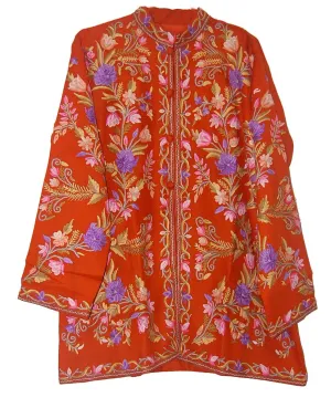 Kashmiri Woolen Jacket Rust, Multicolor Embroidery #AO-014