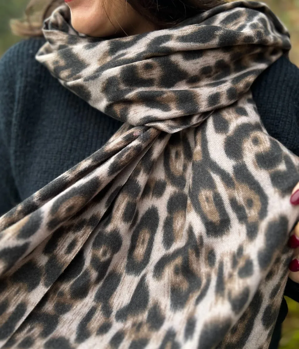 Leopard Print Wool Blend Scarf