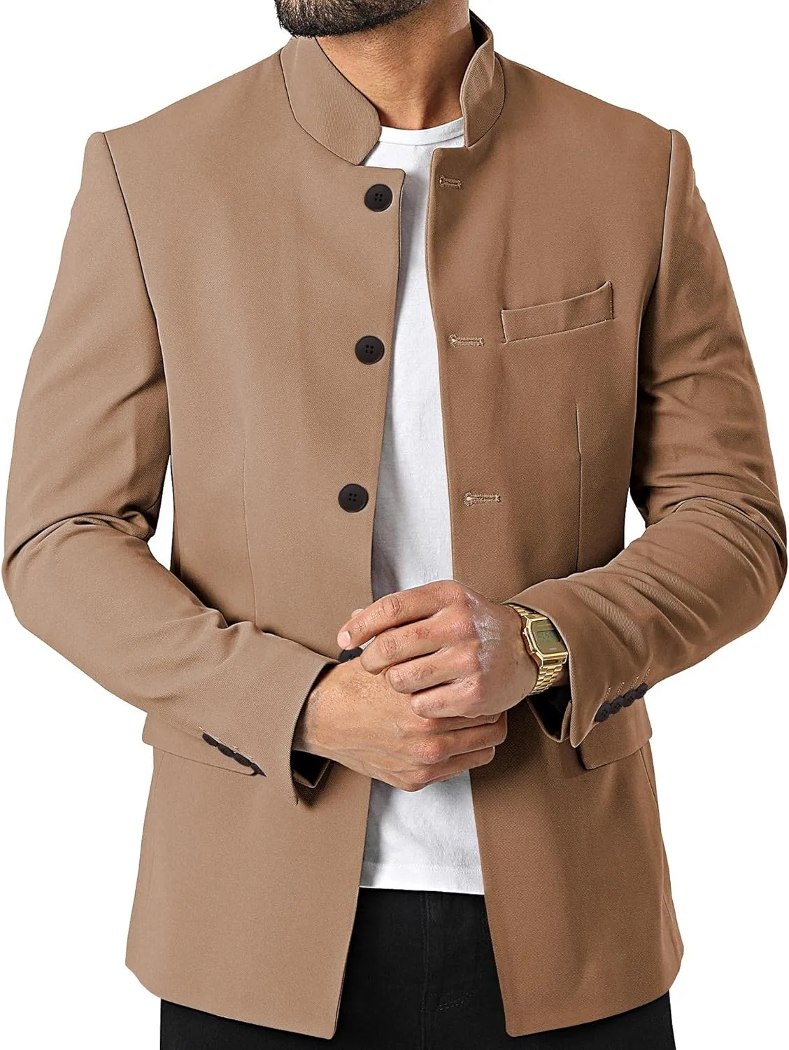 Mens Casual Suit Blazer Jackets Stand Mandarin Collar Lightweight Lined Business Dress Sport Coats
