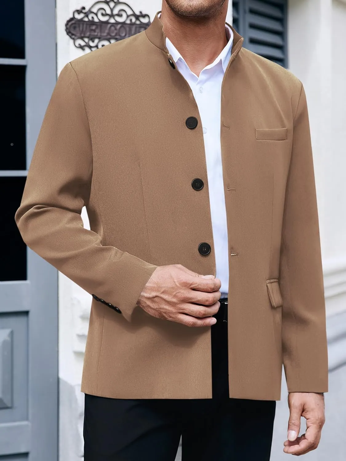 Mens Casual Suit Blazer Jackets Stand Mandarin Collar Lightweight Lined Business Dress Sport Coats