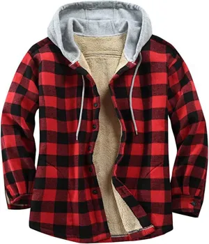 Mens Fleece Lined Flannel Plaid Shirts Jacket Button Down Sherpa Jackets with Hood Stylish Winter Hooded Coats Outwear