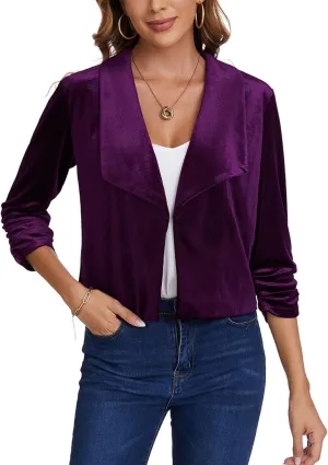 MINTLIMIT Women's Casual Velvet Blazer Jackets 3/4 Ruched Sleeve Shawl Collar Draped Open Front Fall Velvet Blazers