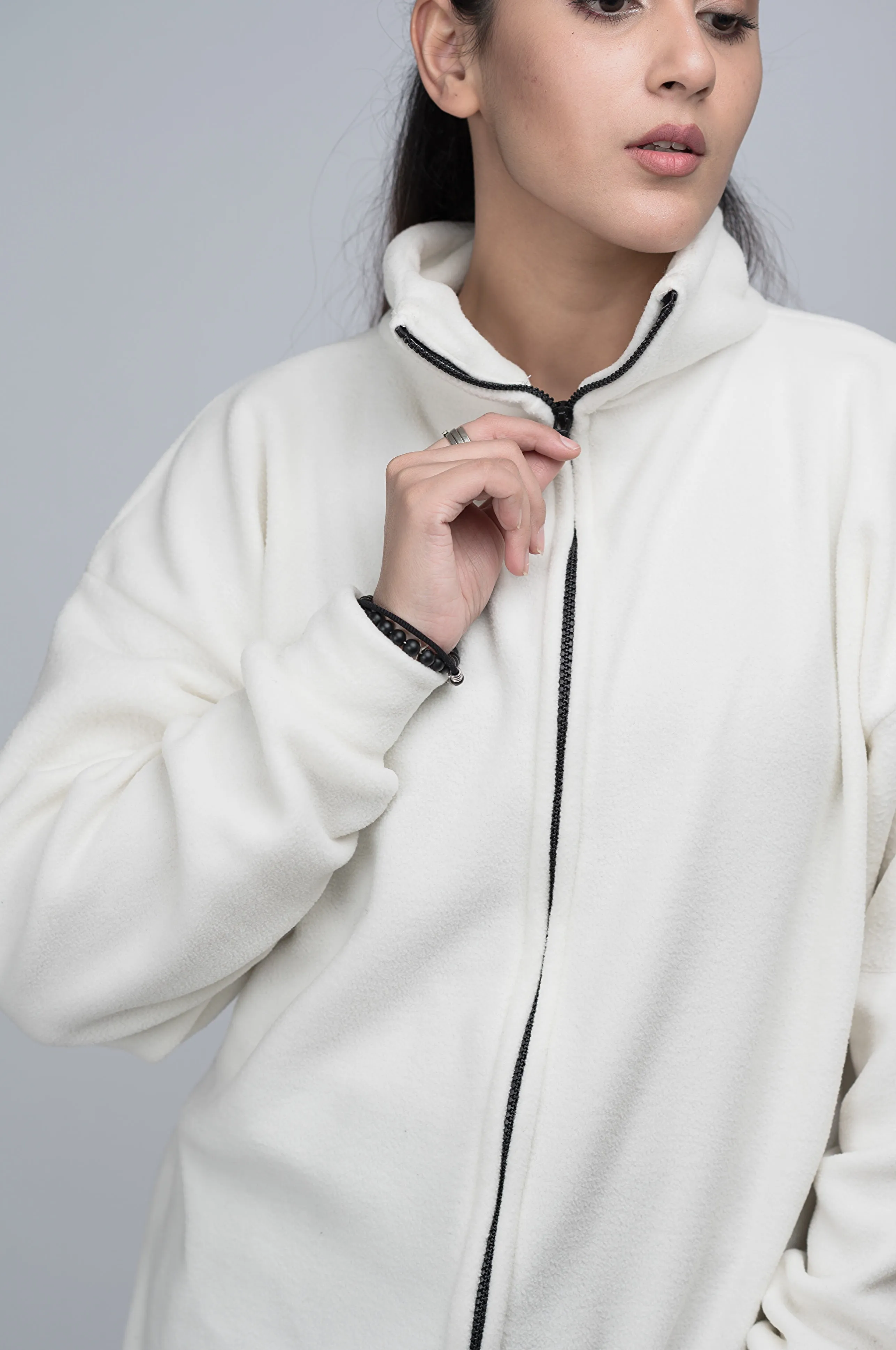 Mockneck Polar Fleece Oversized Zipper Jacket White