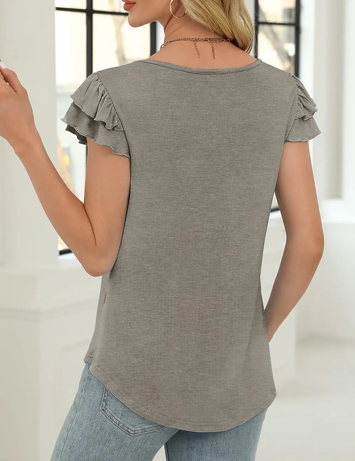 NORACORA Womens Ruffle Short Sleeve Summer Tops Cute Crew Neck Bacis T Shirts Casual Blouses