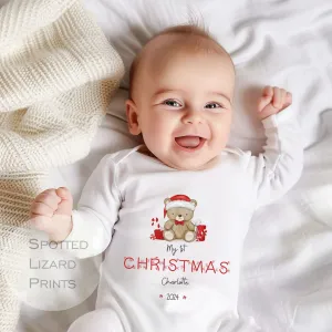 Personalised My First Christmas Baby Outfit- My First Christmas Baby Vest, Sleepsuit or T-shirt - 1st Xmas Teddy