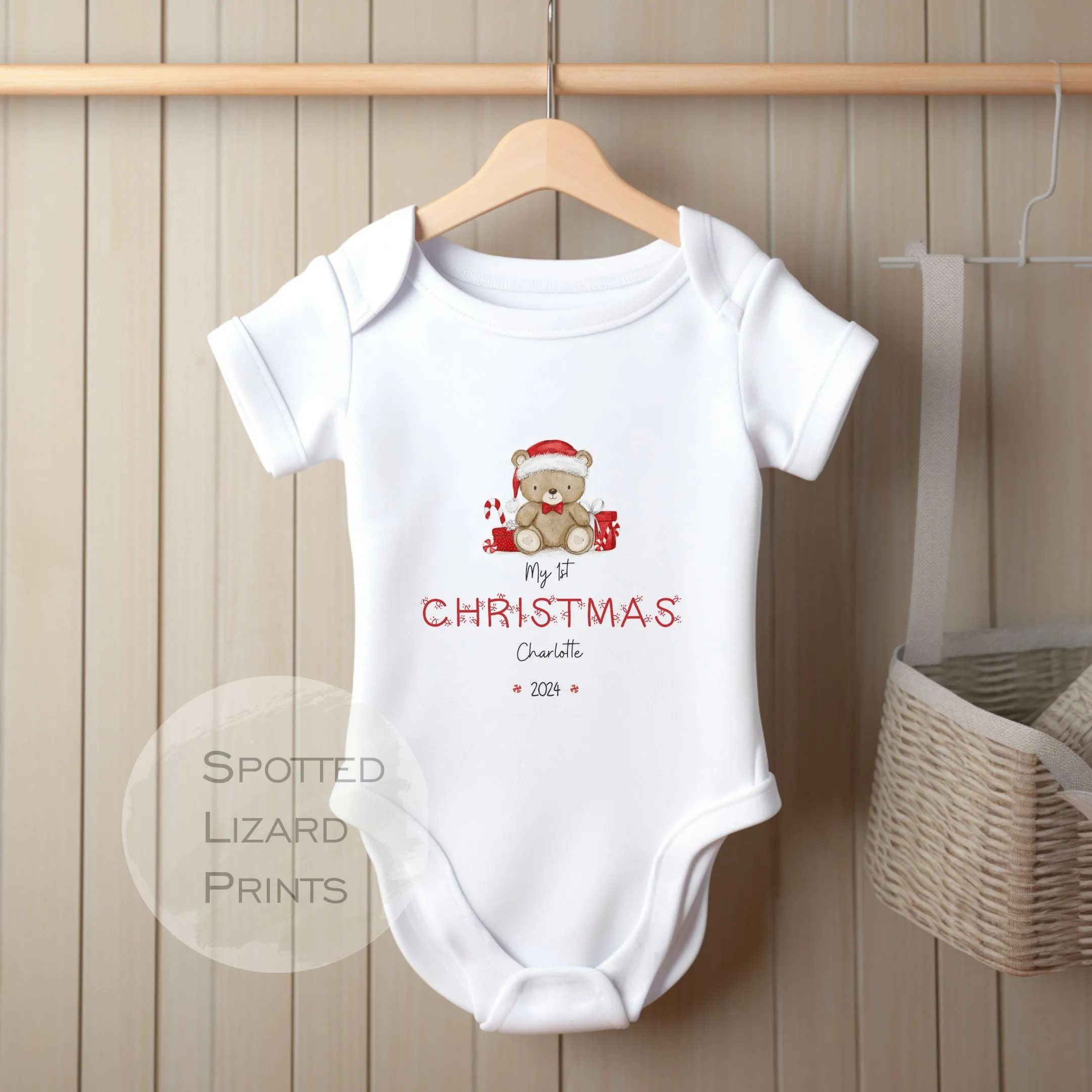Personalised My First Christmas Baby Outfit- My First Christmas Baby Vest, Sleepsuit or T-shirt - 1st Xmas Teddy