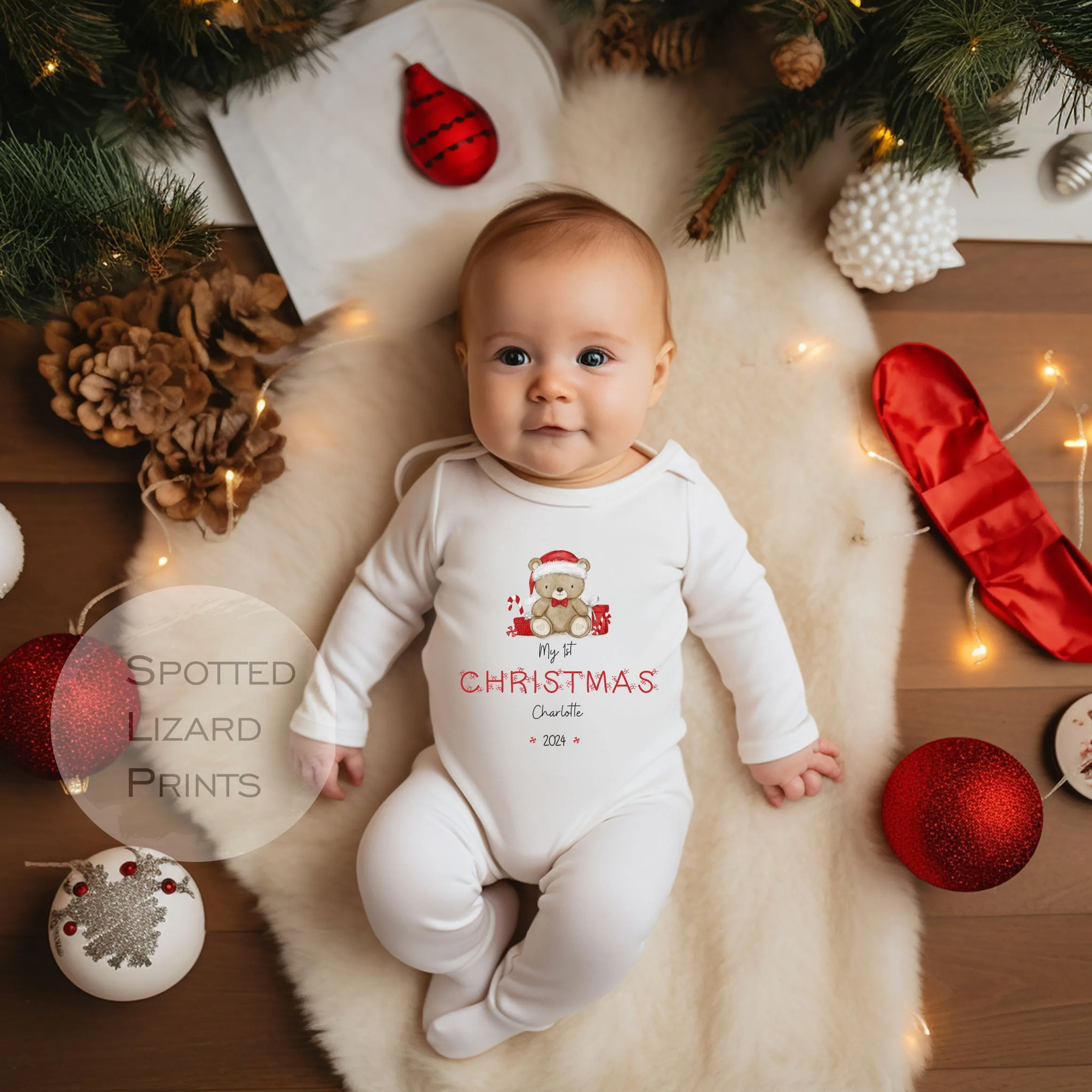 Personalised My First Christmas Baby Outfit- My First Christmas Baby Vest, Sleepsuit or T-shirt - 1st Xmas Teddy