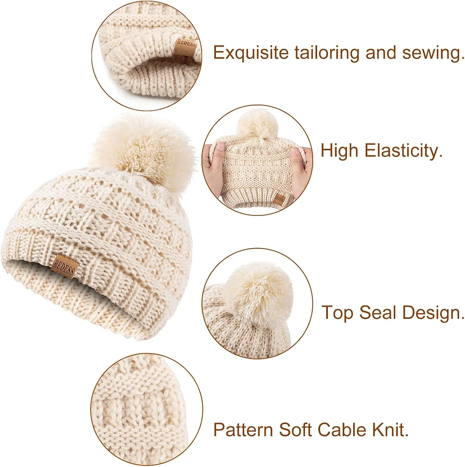 REDESS Baby Kids Winter Warm Hats, Infant Toddler Children Pom Pom Beanie Knit Cap Girls Boys
