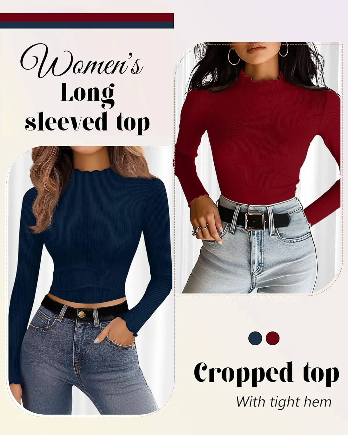Riyiper 3 Pack Women's Mock Neck Long Sleeve Shirts, Lettuce Trim Slim Fit Ribbed Knit Crop Tops Turtleneck Base Layer Tee
