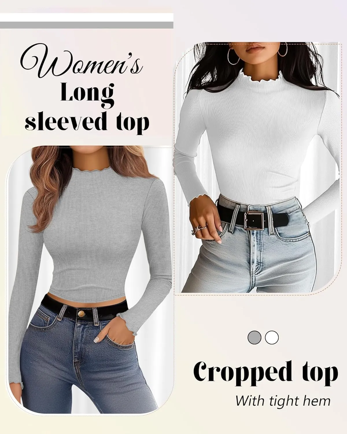 Riyiper 3 Pack Women's Mock Neck Long Sleeve Shirts, Lettuce Trim Slim Fit Ribbed Knit Crop Tops Turtleneck Base Layer Tee