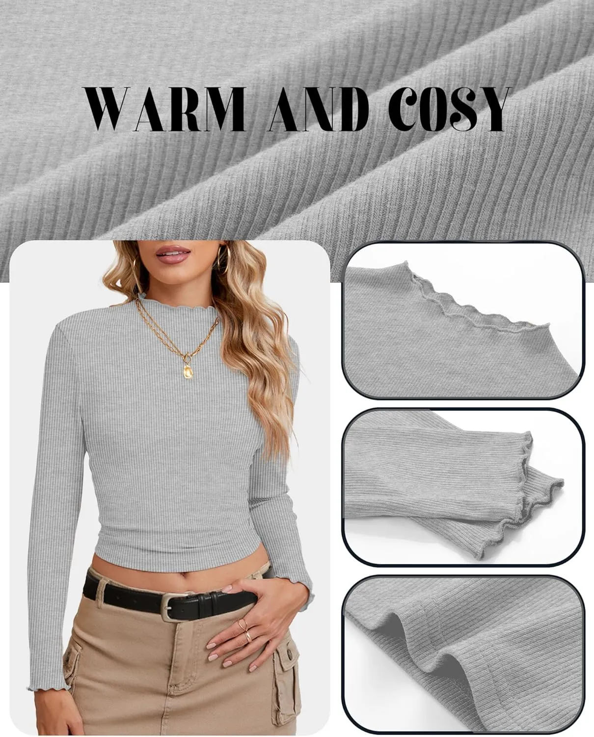 Riyiper 3 Pack Women's Mock Neck Long Sleeve Shirts, Lettuce Trim Slim Fit Ribbed Knit Crop Tops Turtleneck Base Layer Tee