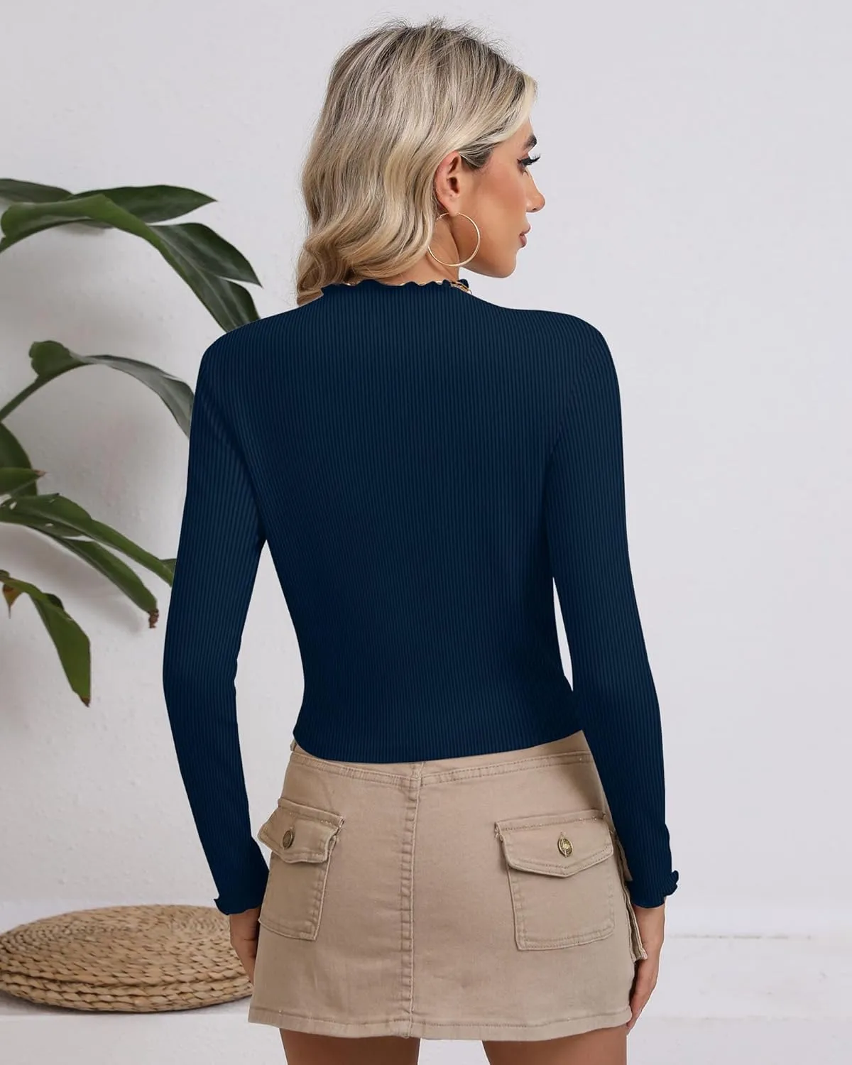 Riyiper 3 Pack Women's Mock Neck Long Sleeve Shirts, Lettuce Trim Slim Fit Ribbed Knit Crop Tops Turtleneck Base Layer Tee