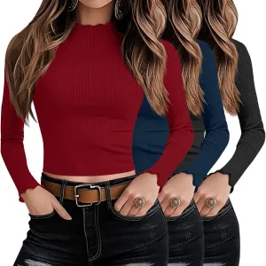 Riyiper 3 Pack Women's Mock Neck Long Sleeve Shirts, Lettuce Trim Slim Fit Ribbed Knit Crop Tops Turtleneck Base Layer Tee