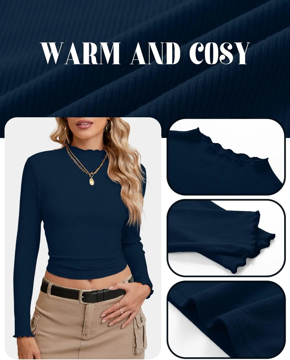 Riyiper 3 Pack Women's Mock Neck Long Sleeve Shirts, Lettuce Trim Slim Fit Ribbed Knit Crop Tops Turtleneck Base Layer Tee