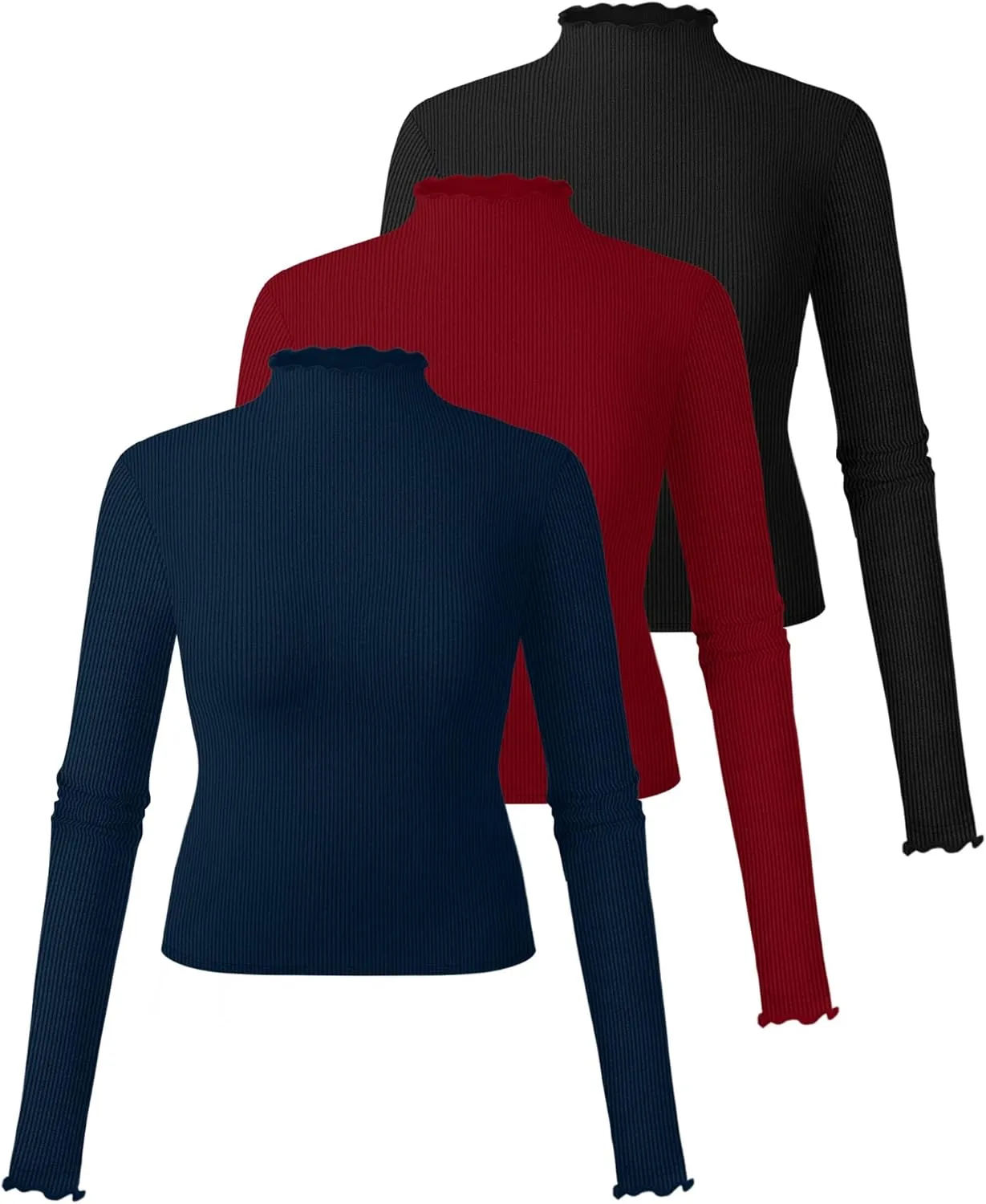 Riyiper 3 Pack Women's Mock Neck Long Sleeve Shirts, Lettuce Trim Slim Fit Ribbed Knit Crop Tops Turtleneck Base Layer Tee