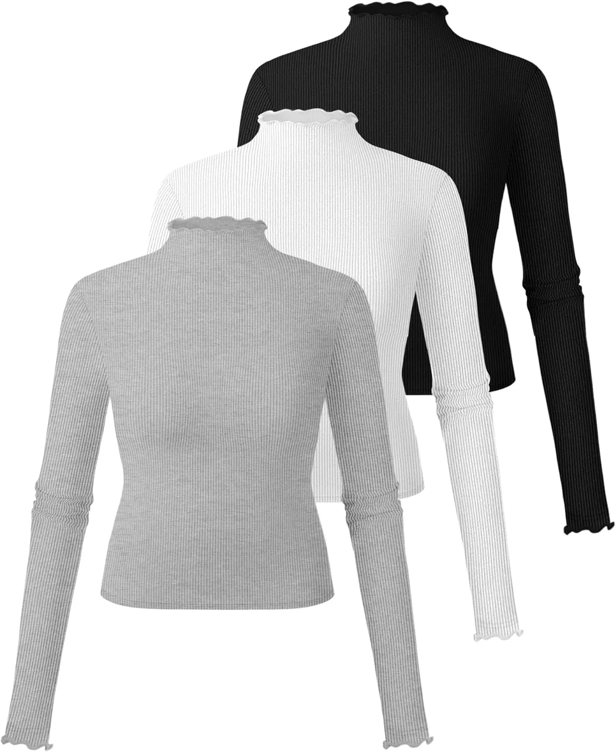 Riyiper 3 Pack Women's Mock Neck Long Sleeve Shirts, Lettuce Trim Slim Fit Ribbed Knit Crop Tops Turtleneck Base Layer Tee