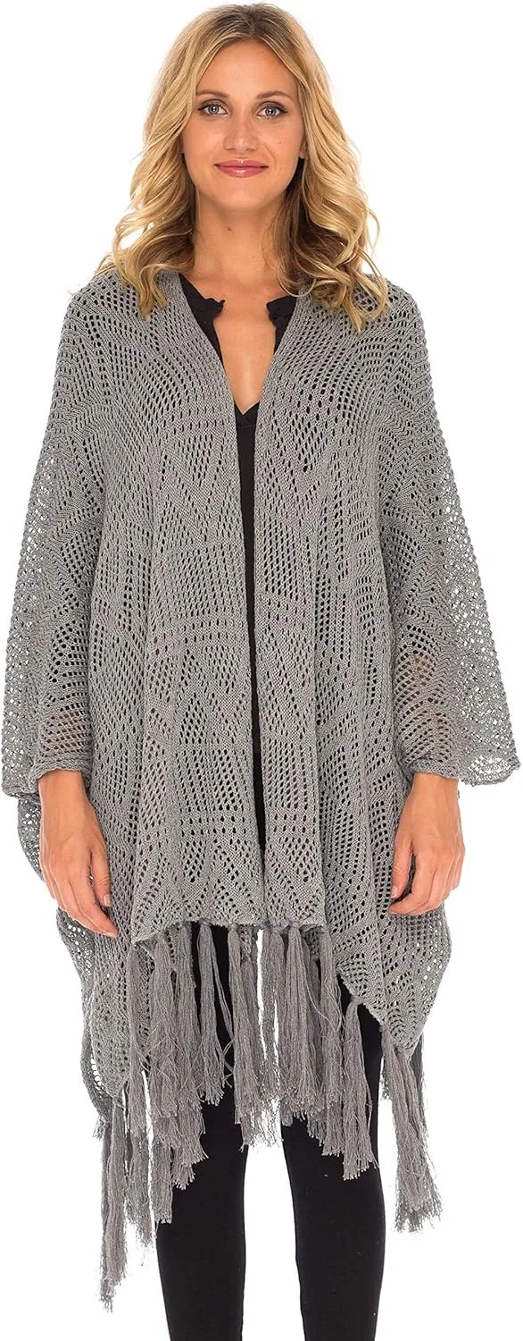 SHU-SHI Womens Fringed Knit Open Front Kimono Shawl Wraps Long Cardigan Beach Cover Up