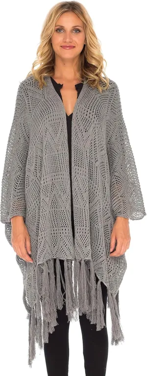 SHU-SHI Womens Fringed Knit Open Front Kimono Shawl Wraps Long Cardigan Beach Cover Up