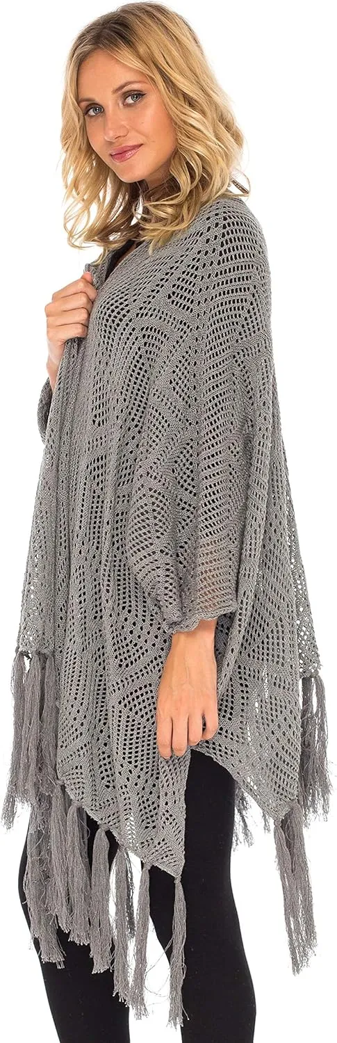 SHU-SHI Womens Fringed Knit Open Front Kimono Shawl Wraps Long Cardigan Beach Cover Up