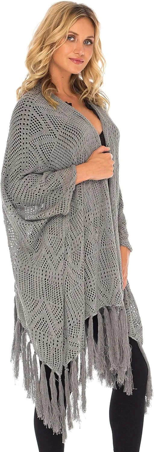 SHU-SHI Womens Fringed Knit Open Front Kimono Shawl Wraps Long Cardigan Beach Cover Up