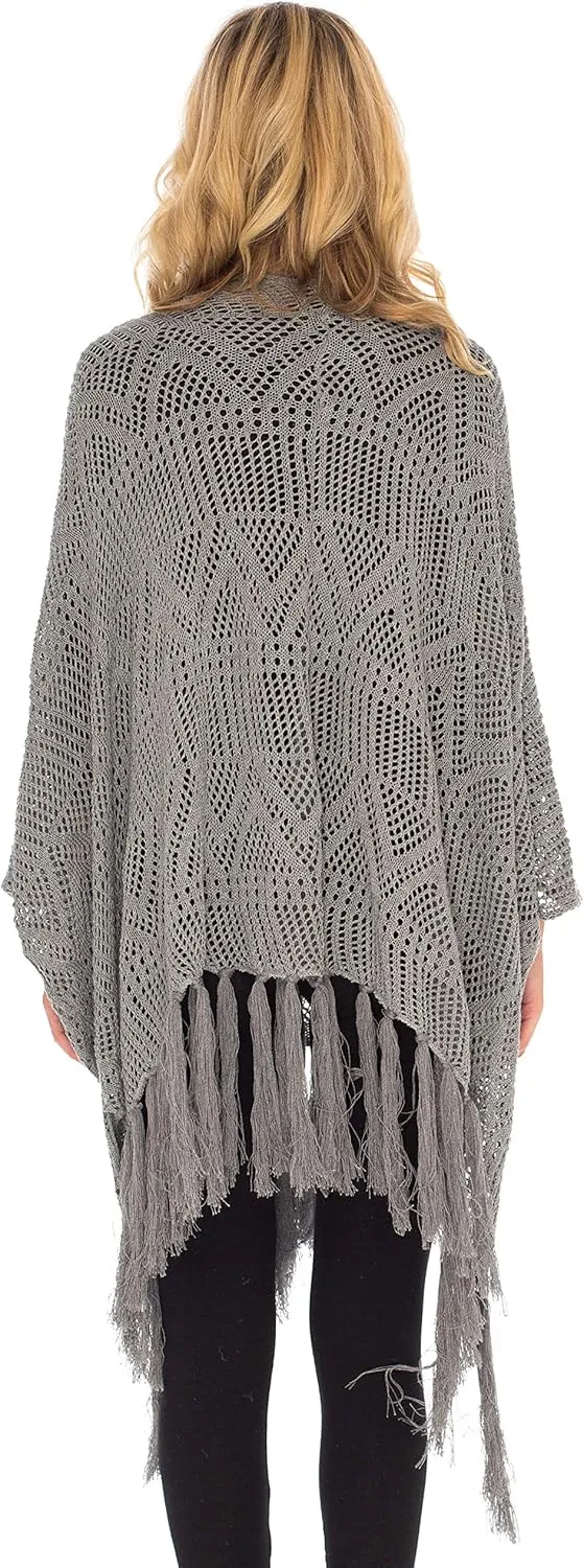 SHU-SHI Womens Fringed Knit Open Front Kimono Shawl Wraps Long Cardigan Beach Cover Up