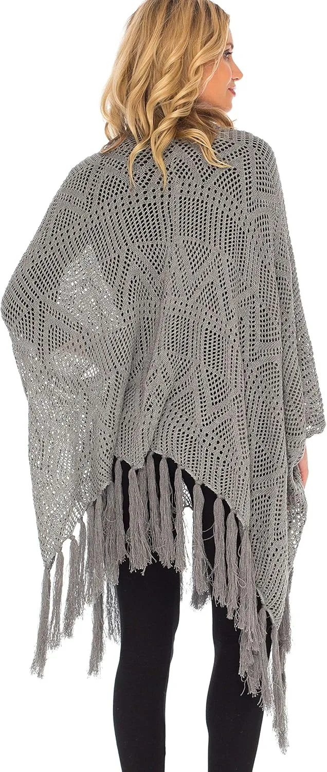 SHU-SHI Womens Fringed Knit Open Front Kimono Shawl Wraps Long Cardigan Beach Cover Up