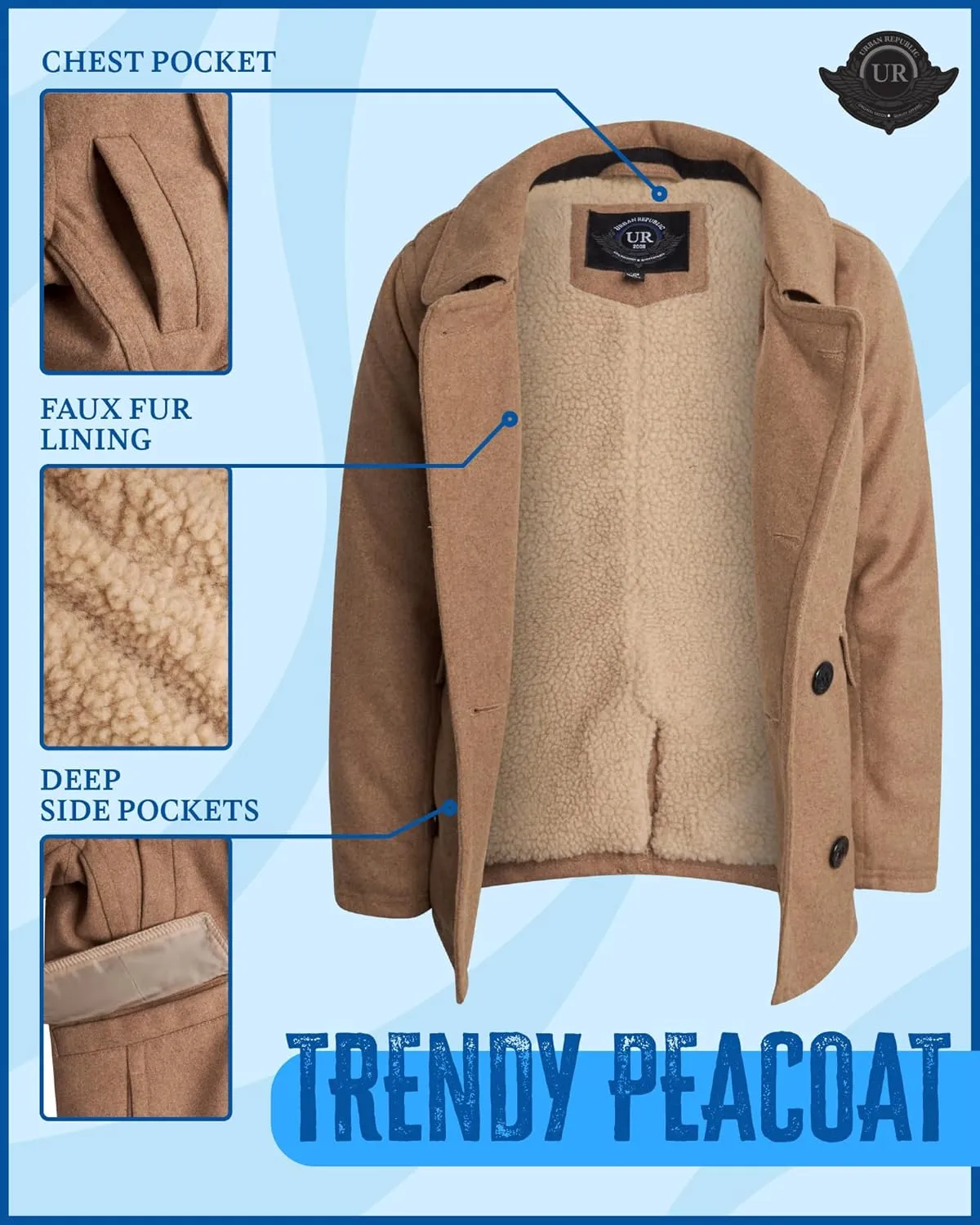URBAN REPUBLIC Boys' Peacoat - Double Breasted Mixed Wool Dress Coat with Soft Faux Fur Lining and Flap Pockets (Sizes: 4-20)