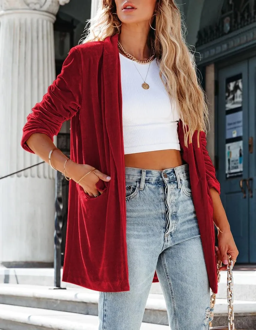 Velvet Blazers Jackets for Women Trendy Lapel Collar Blazer Velvet Suit Casual Business Long Sleeve Cardigan Outerwear